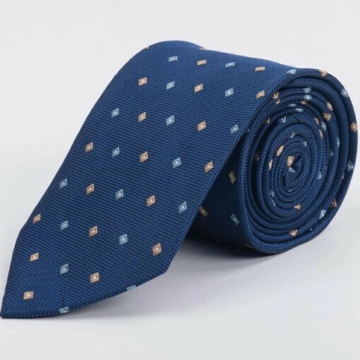 Аренда галстука синего цвета с фактурным разноцветным узором для мужских костюмов
