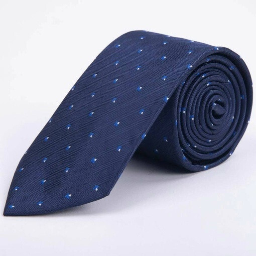 Аренда синего галстука в фактурную полоску с квадратным бело-голубым узором для мужского костюма