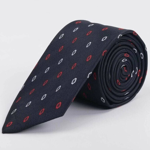 Аренда черного галстука в фактурную полоску с ромбовидным узором красно-белого цвета для мужского ко