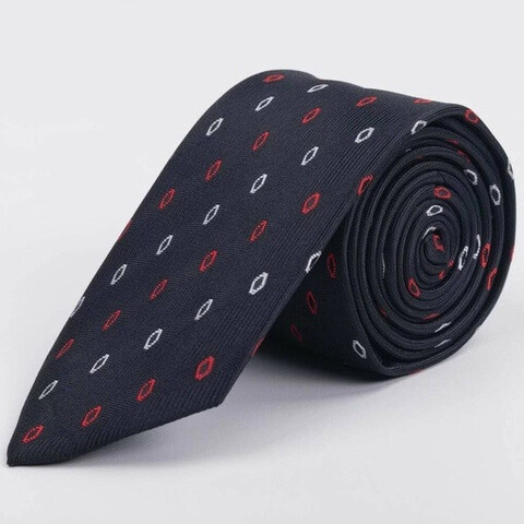 Аренда черного галстука в фактурную полоску с ромбовидным узором красно-белого цвета для мужского ко