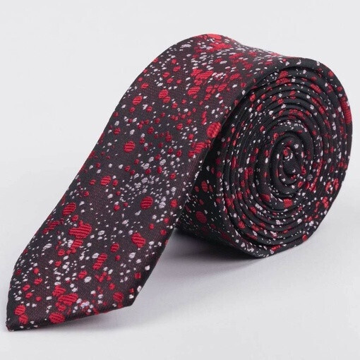 Аренда узкого галстука бордового цвета с разноцветным узором для мужских костюмов