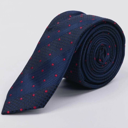 Прокат узкого галстука темно-синего цвета в полоску с красным круглым узором для мужских костюмов