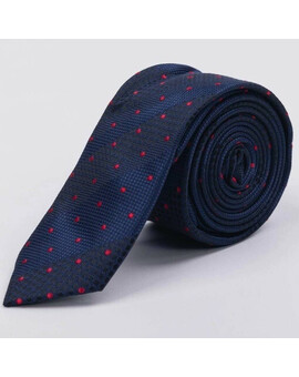 Прокат узкого галстука темно-синего цвета в полоску с красным круглым узором для мужских костюмов, изображение 1