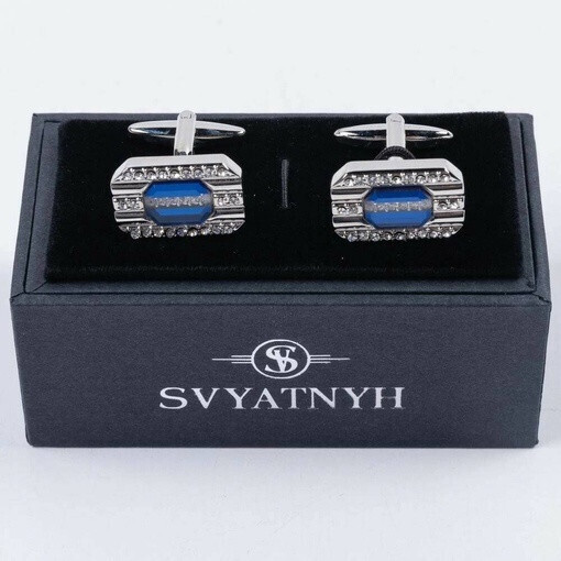 Прокат запонок с вставкой синего цвета для мужского костюма
